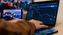 Man analyzing stock quotes bars at the computer.